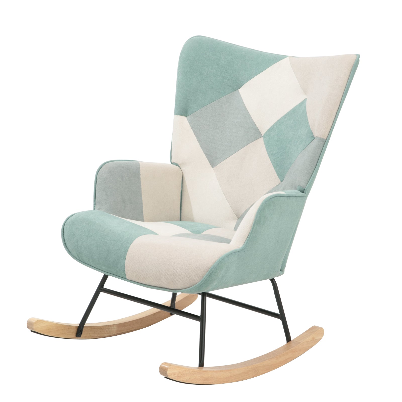 Accent Rocking Chair, Mid Century Fabric Rocker Chair With Wood Legs And Patchwork Linen For Livingroom Bedroom Blue Solid Wood