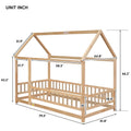 Twin Size Floor Wooden Bed With House Roof Frame, Fence Guardrails, Old Sku:W504105240 Twin Natural Pine