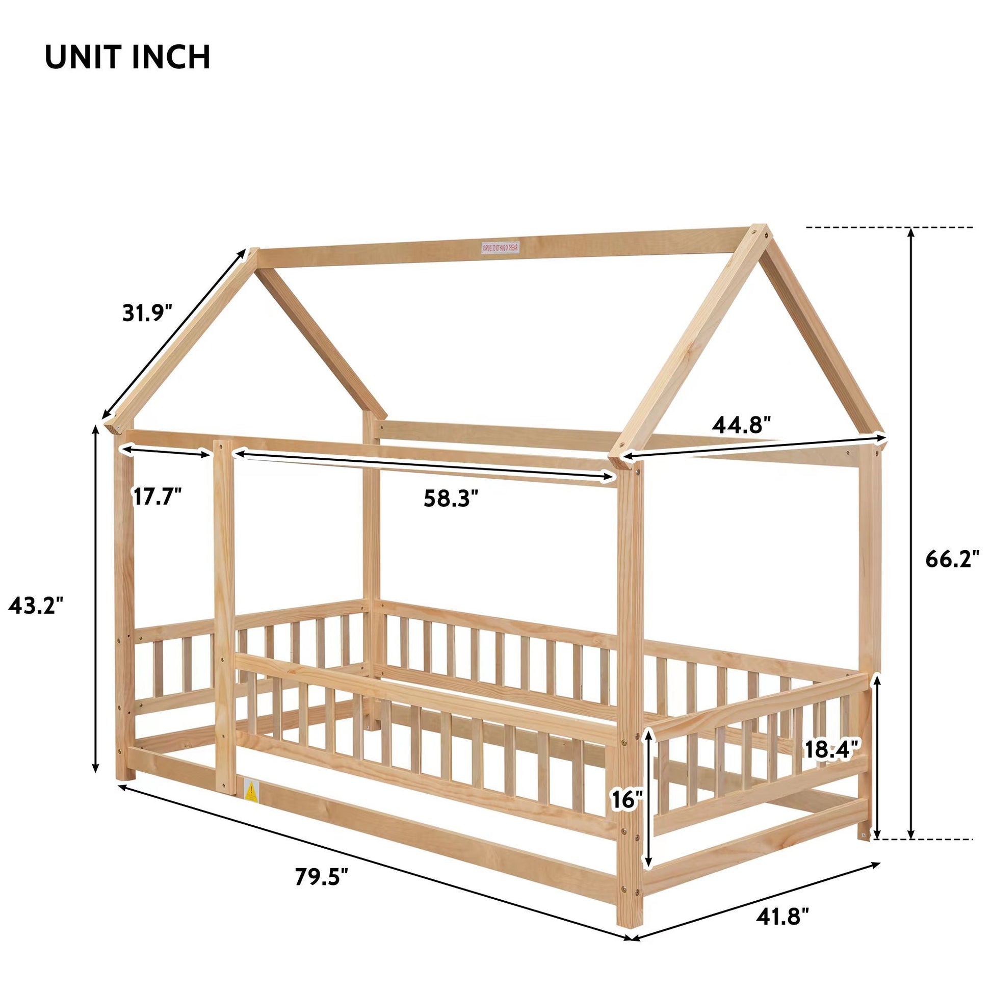 Twin Size Floor Wooden Bed With House Roof Frame, Fence Guardrails, Old Sku:W504105240 Twin Natural Pine