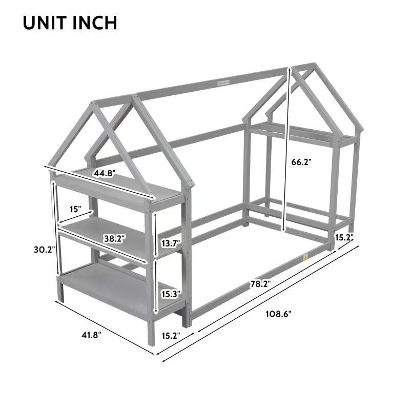 Twin Size Wood House Bed With Storage Shelf And Hanger ,Kids Bedroom Set,Grey Twin Grey Wood Bedroom American Design Pine Pine