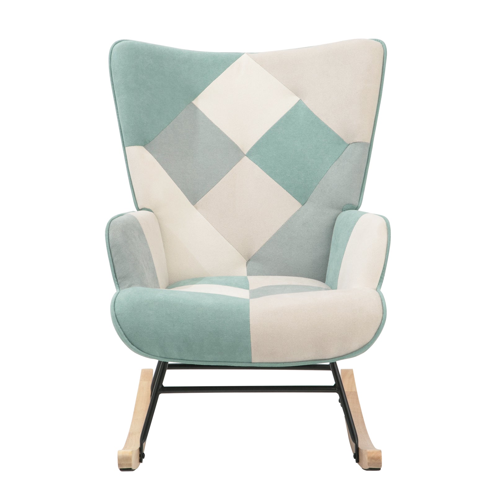 Accent Rocking Chair, Mid Century Fabric Rocker Chair With Wood Legs And Patchwork Linen For Livingroom Bedroom Blue Solid Wood