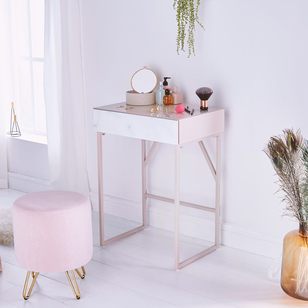 Tempered Glass Marble Pattern Small Makeup Table Dressing Table Nightstands Bedroom Livingroom Furniture Pink White Wood Glass