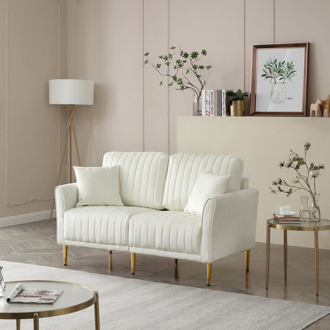 Cream White 2 Seater Loveseat Sofa Couch W Pillows And Metal Legs, Upholstered Modern Beautiful Seats Furniture For Bedroom, Office, Small Space, Apartment Cream Foam Velvet