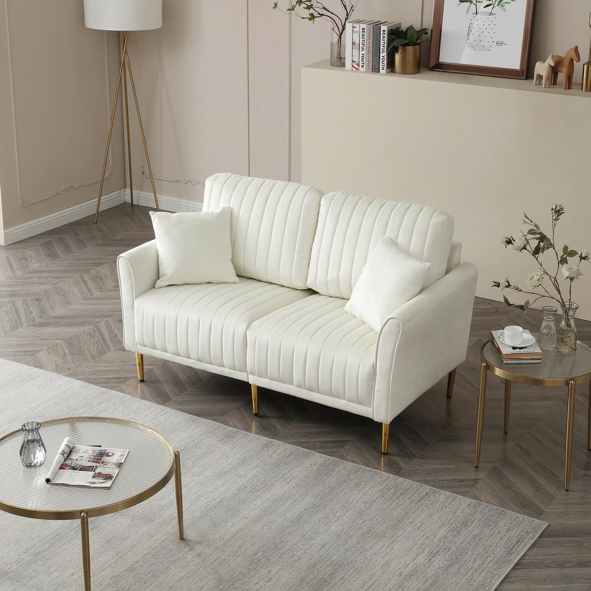 Cream White 2 Seater Loveseat Sofa Couch W Pillows And Metal Legs, Upholstered Modern Beautiful Seats Furniture For Bedroom, Office, Small Space, Apartment Cream Foam Velvet