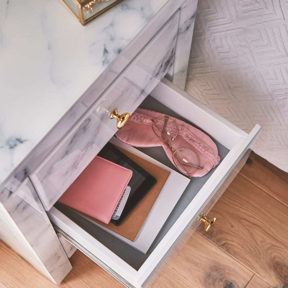 Tempered Glass Nightstand, Marble Nightstand With 3 Drawers,Side Table For Bedroom, Living Room Matte White Mdf