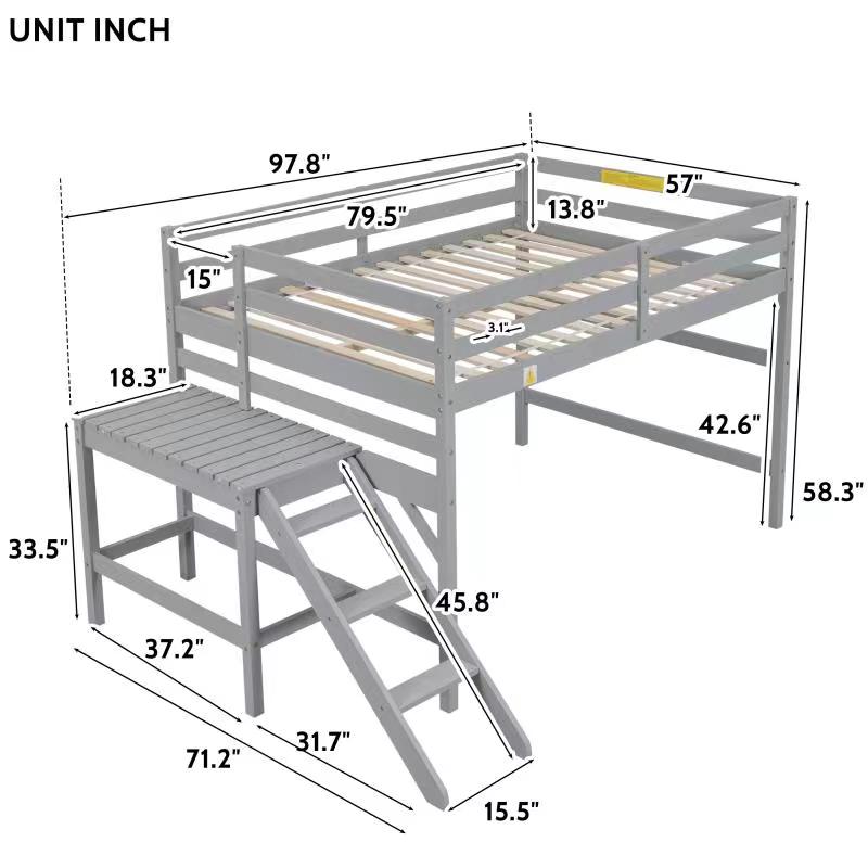 Full Loft Bed With Platform,Ladder,Grey Full Grey Wood Bedroom American Design Pine Pine