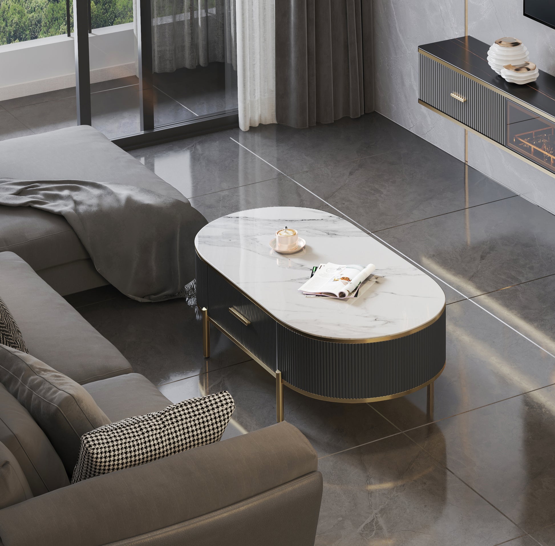 Modern Coffee Table White Gray Sintered Stone Top & Gold With Drawer White Gray Gray Soft Close Drawers Primary Living Space Contemporary,Mid Century Modern Oval Drawers Coffee & End Tables Polished Sintered Stone Ceramic Mdf