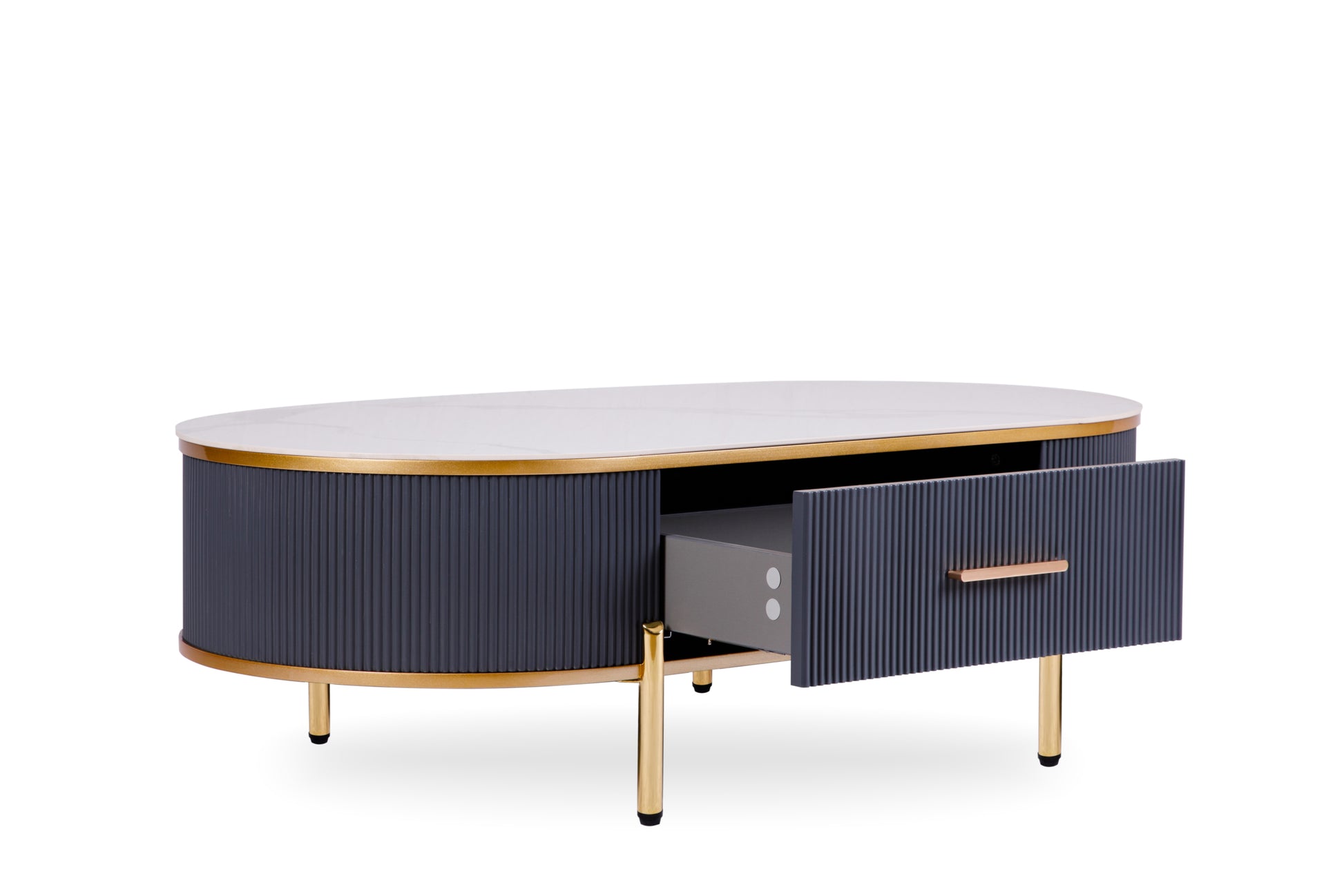 Modern Coffee Table White Gray Sintered Stone Top & Gold With Drawer White Gray Gray Soft Close Drawers Primary Living Space Contemporary,Mid Century Modern Oval Drawers Coffee & End Tables Polished Sintered Stone Ceramic Mdf