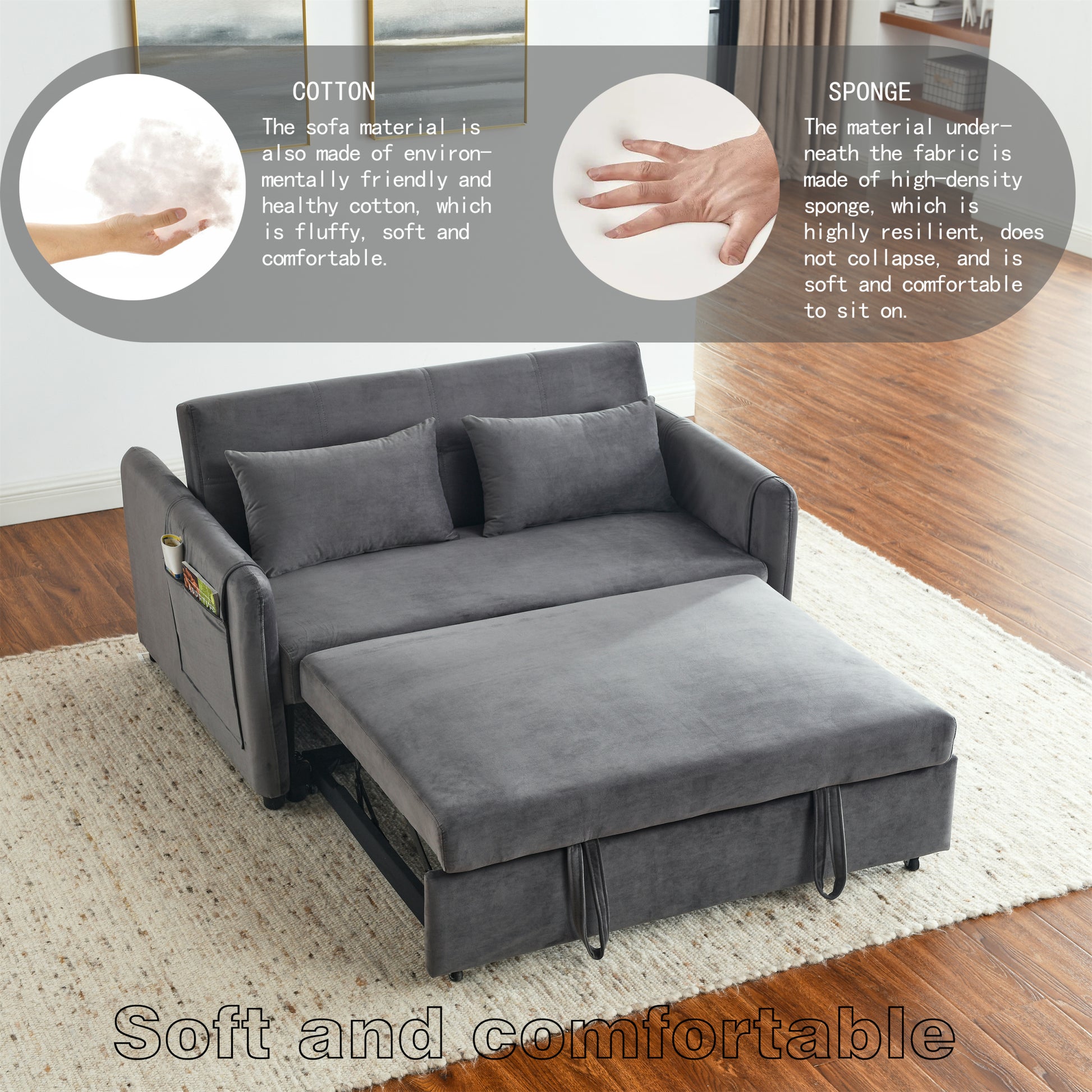 Convertible Sofa Bed, 3 In 1 Versatile Velvet Double Sofa With Pullout Bed, Seat With Adjustable Backrest, Lumbar Pillows, And Living Room Side Pockets, 54 Inch, Grey Brown Wood Primary Living Space Delicate Duty Eucalyptus 2 Seat Grey Velvet Soft Pillow
