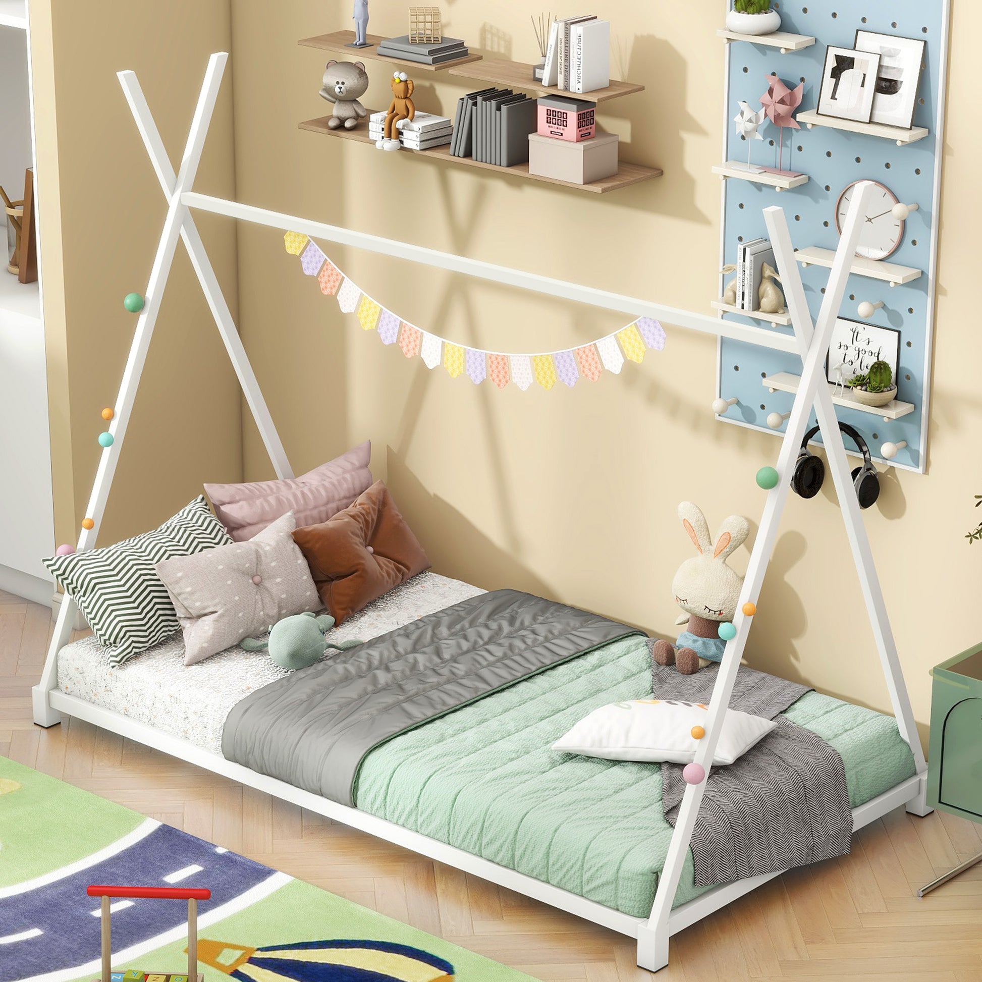 Metal Twin Size House Platform Bed With Triangle Structure, White Box Spring Not Required Twin White Metal Bedroom Bed Frame Metal