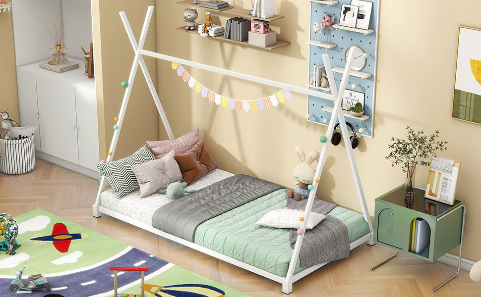 Metal Twin Size House Platform Bed With Triangle Structure, White Box Spring Not Required Twin White Metal Bedroom Bed Frame Metal