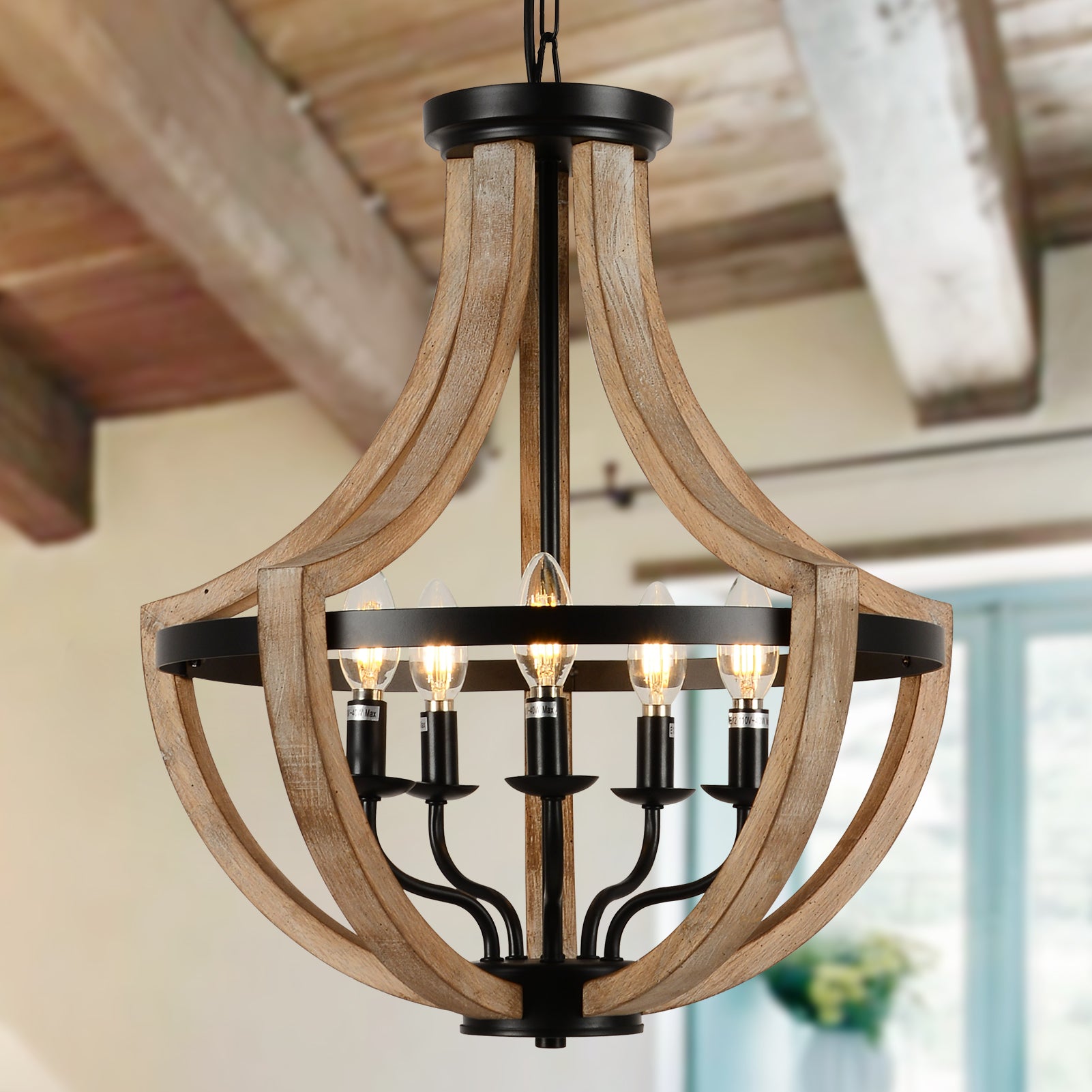 19" Farmhouse Wood Chandelier Light Fixtures Brown Solid Wood