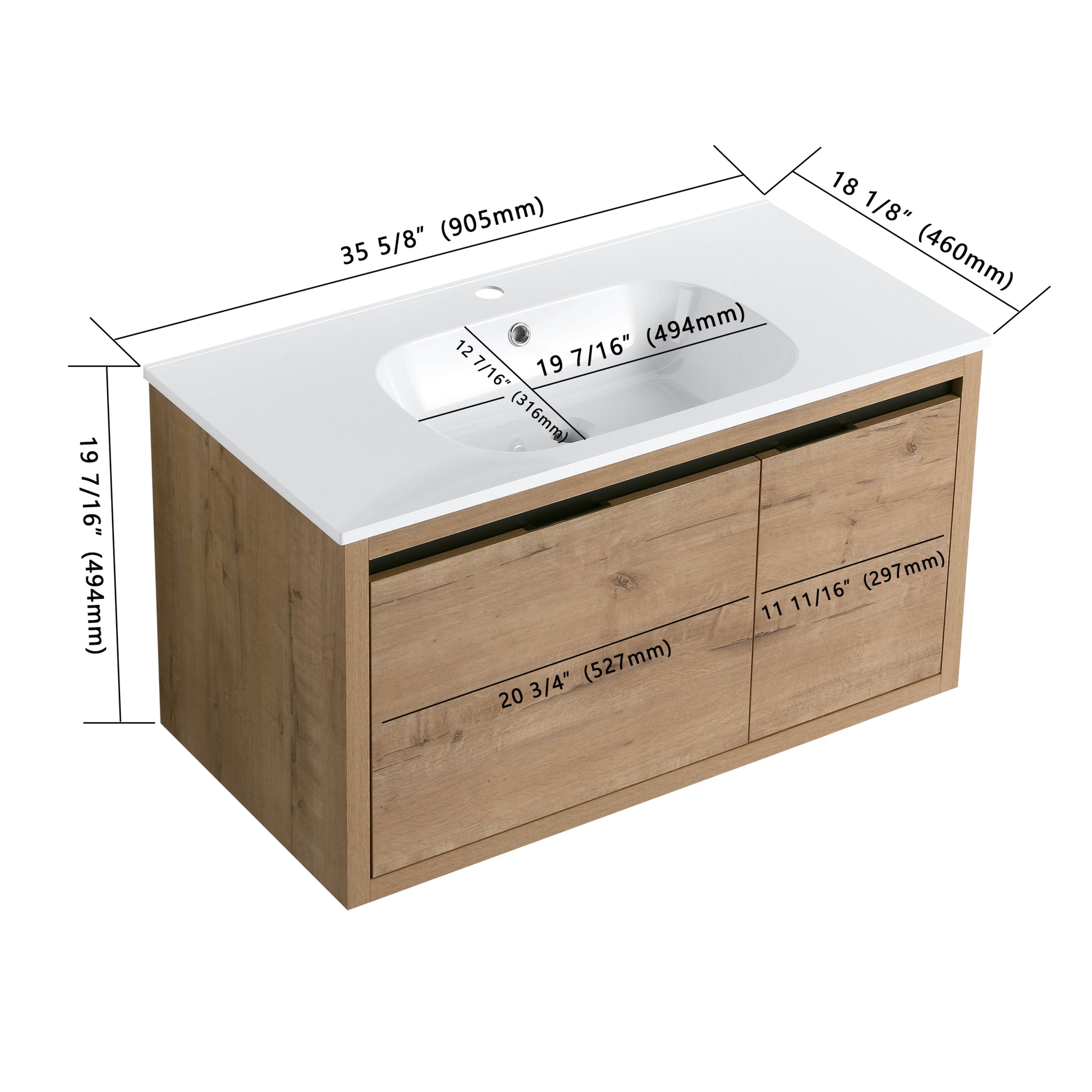 36 Inch Wall Mounted Bathroom Vanity With Gel Sink 1 Imitative Oak 1 Bathroom Wall Mounted Modern Plywood