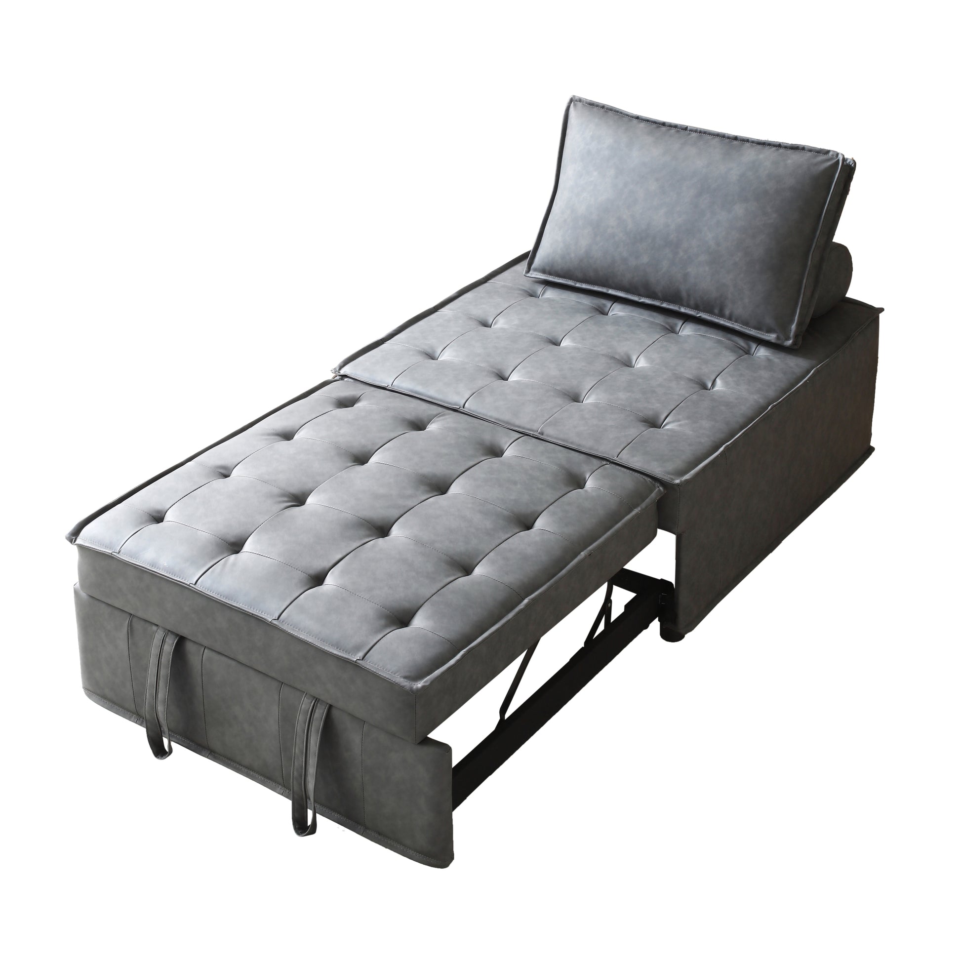 Multipurpose Faux Leather Ottoman Lazy Chair Pulling Out Sofa Bed Dark Grey Dark Grey Foam Pu Leather