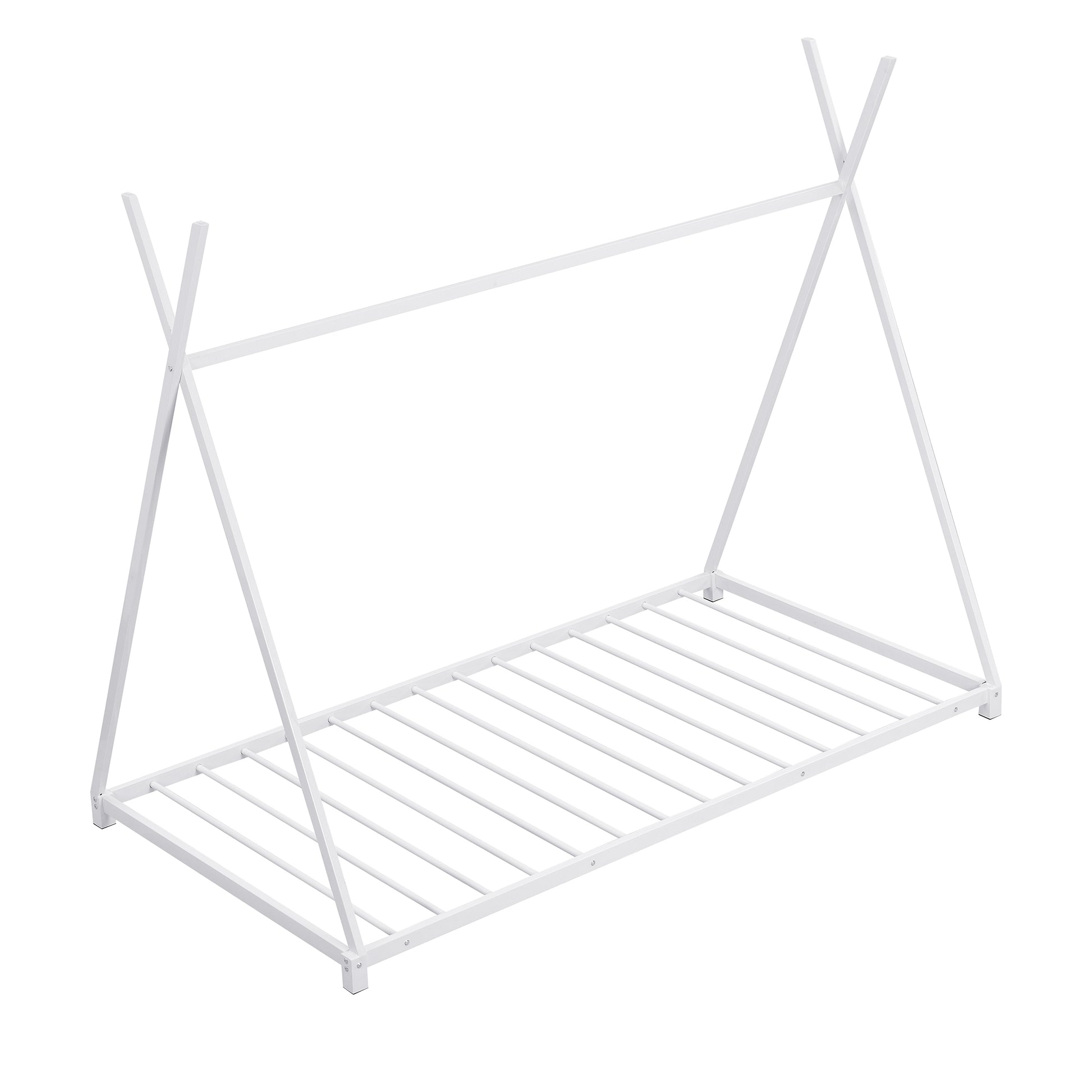 Metal Twin Size House Platform Bed With Triangle Structure, White Box Spring Not Required Twin White Metal Bedroom Bed Frame Metal