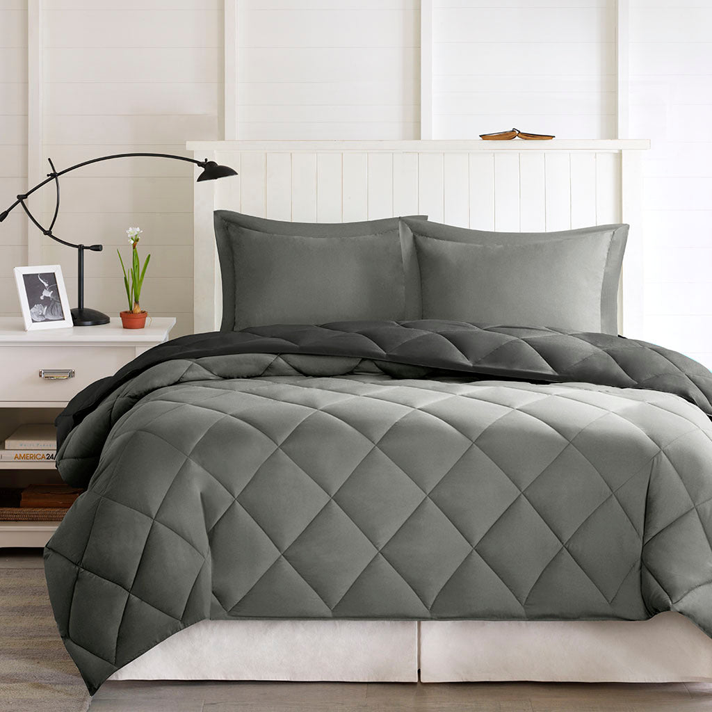 3M Scotchgard Diamond Quilting Reversible Down Alternative Comforter Set Black Grey Polyester