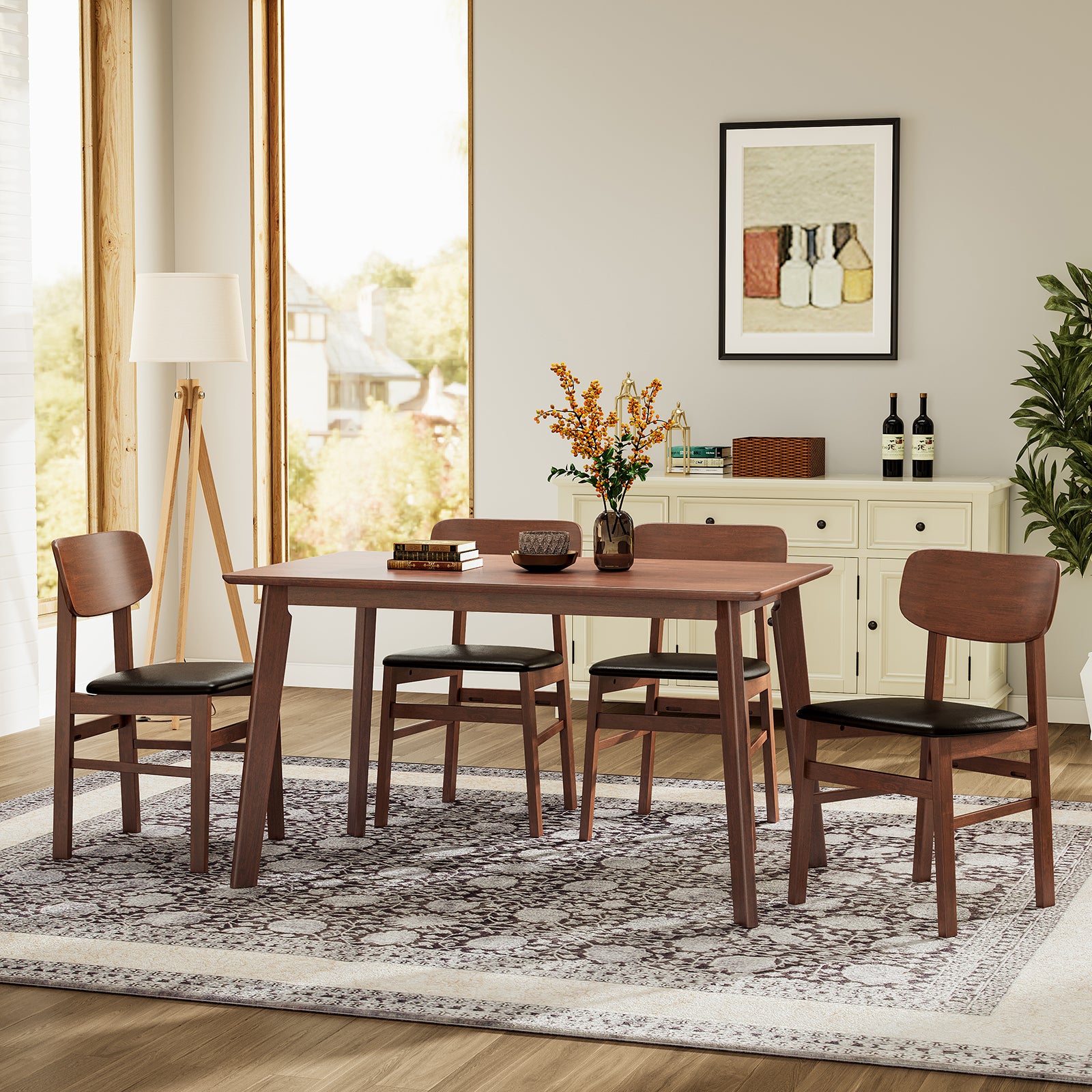 5 Pieces Dining Table Set 1 Dining Table And 4 Chairs Rustic Retro Solid Rubberwood Table And Breakfast Upholstered Stools For Home Kitchen Dining Room Antique Brown Rubber Wood
