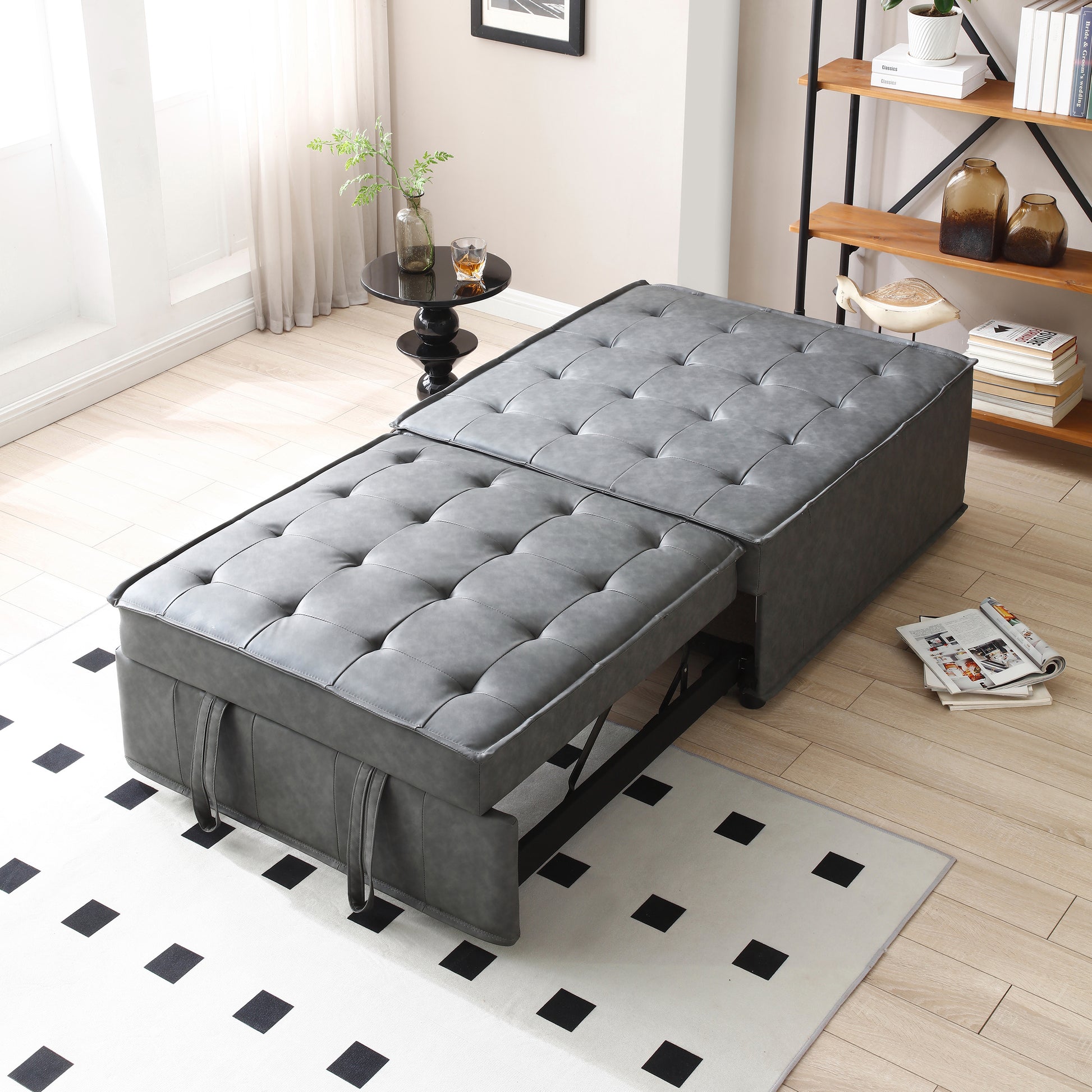 Multipurpose Faux Leather Ottoman Lazy Chair Pulling Out Sofa Bed Dark Grey Dark Grey Foam Pu Leather