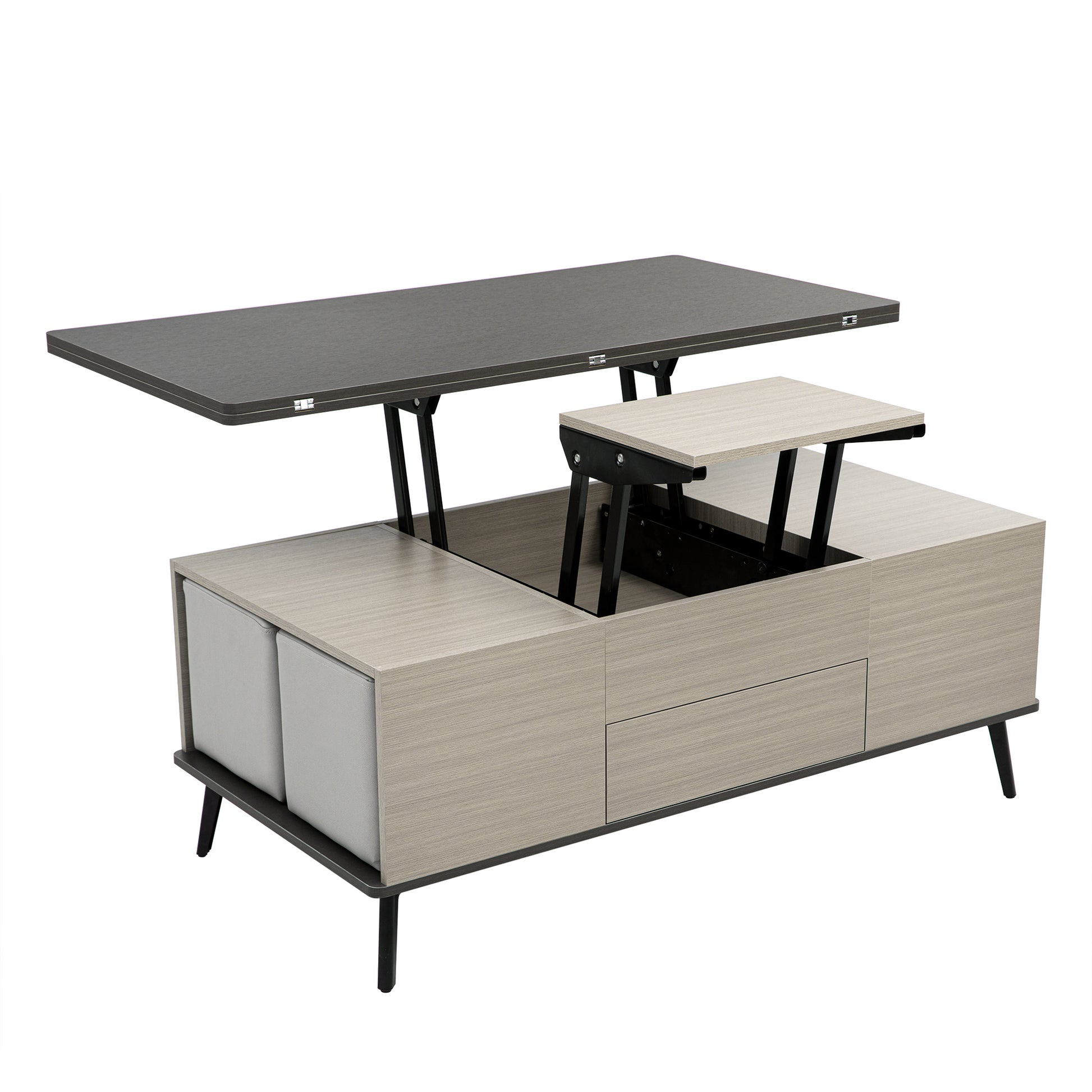 5 Pieces Lift Top Coffee Table Set With Storage Convertible Dining Table With Ottomans Dark Gray Fabric Mdf