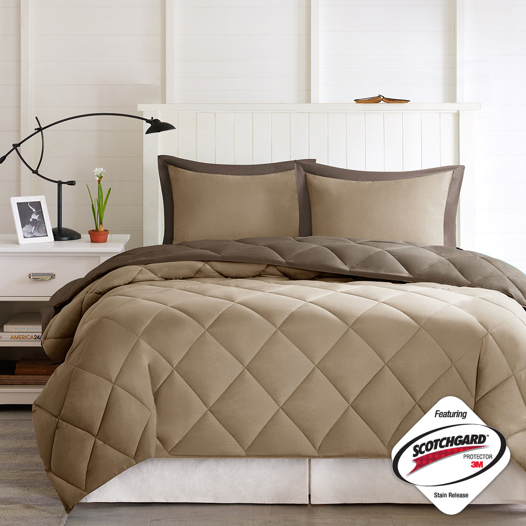 3M Scotchgard Diamond Quilting Reversible Down Alternative Comforter Set Brown Sand Polyester