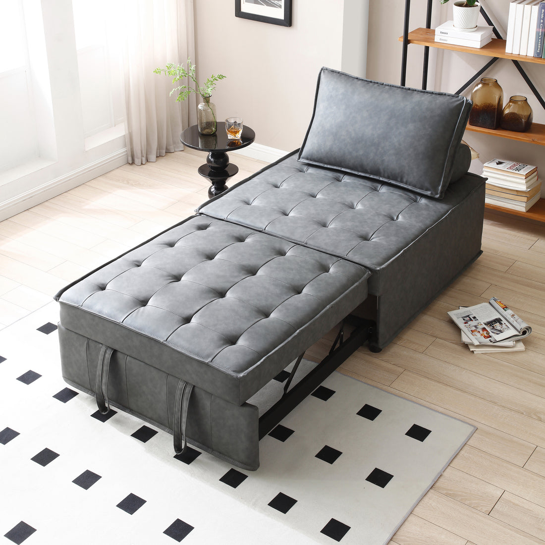 Multipurpose Faux Leather Ottoman Lazy Chair Pulling Out Sofa Bed Dark Grey Dark Grey Foam Pu Leather