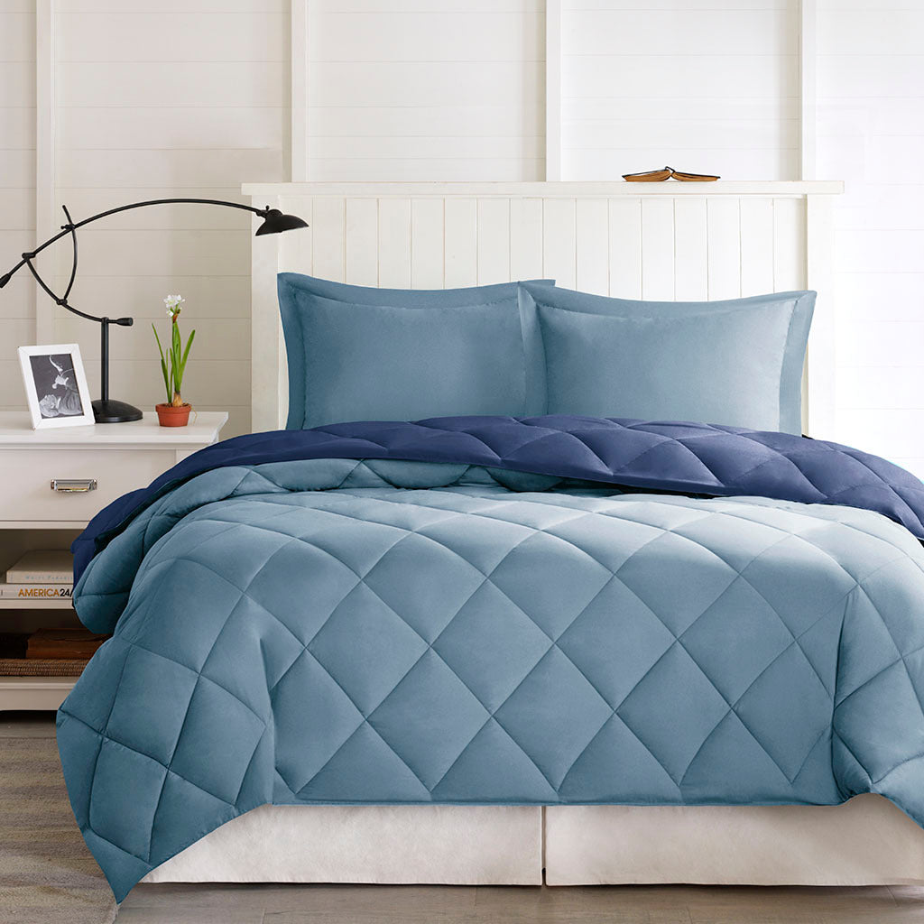 3M Scotchgard Diamond Quilting Reversible Down Alternative Comforter Set Navy Light Blue Polyester