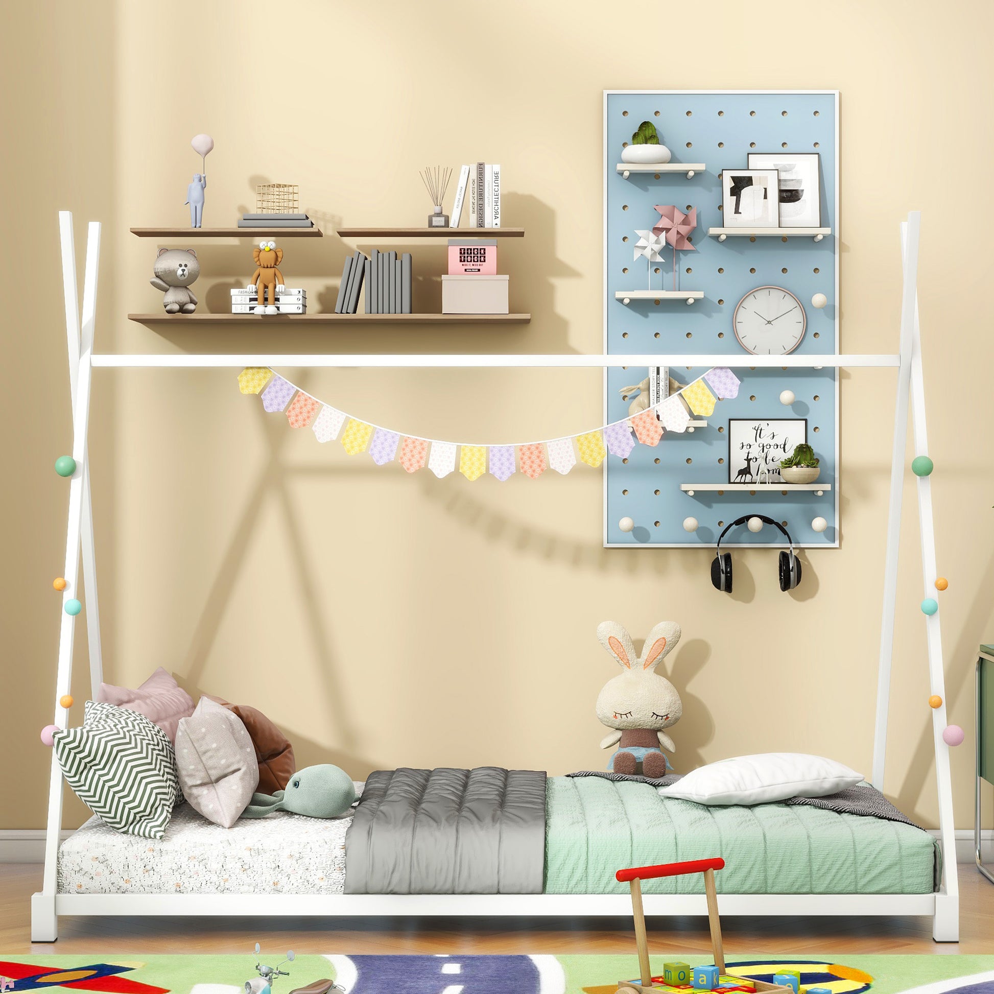 Metal Twin Size House Platform Bed With Triangle Structure, White Box Spring Not Required Twin White Metal Bedroom Bed Frame Metal