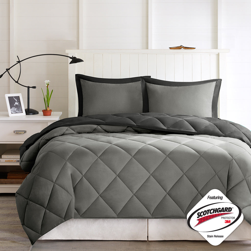 3M Scotchgard Diamond Quilting Reversible Down Alternative Comforter Set Black Grey Polyester