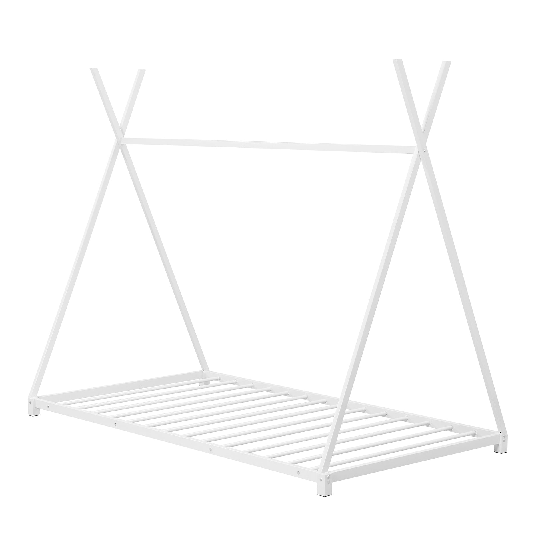 Metal Twin Size House Platform Bed With Triangle Structure, White Box Spring Not Required Twin White Metal Bedroom Bed Frame Metal