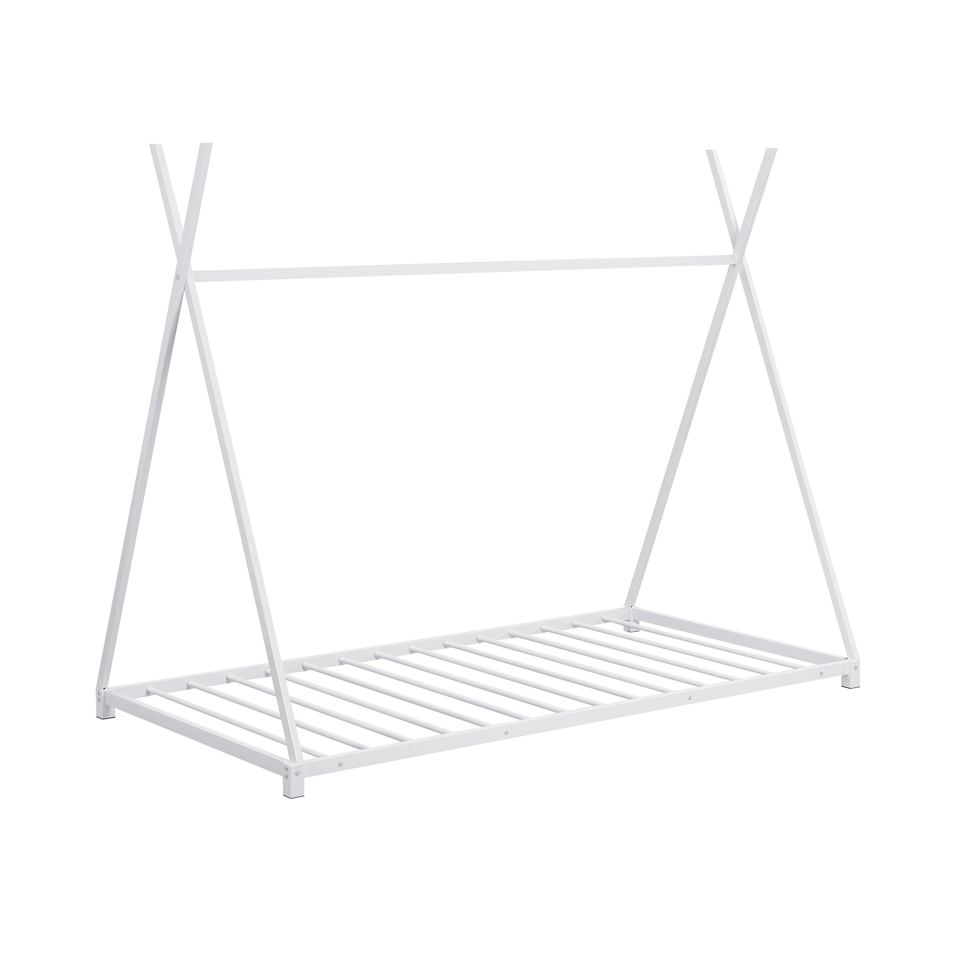 Metal Twin Size House Platform Bed With Triangle Structure, White Box Spring Not Required Twin White Metal Bedroom Bed Frame Metal