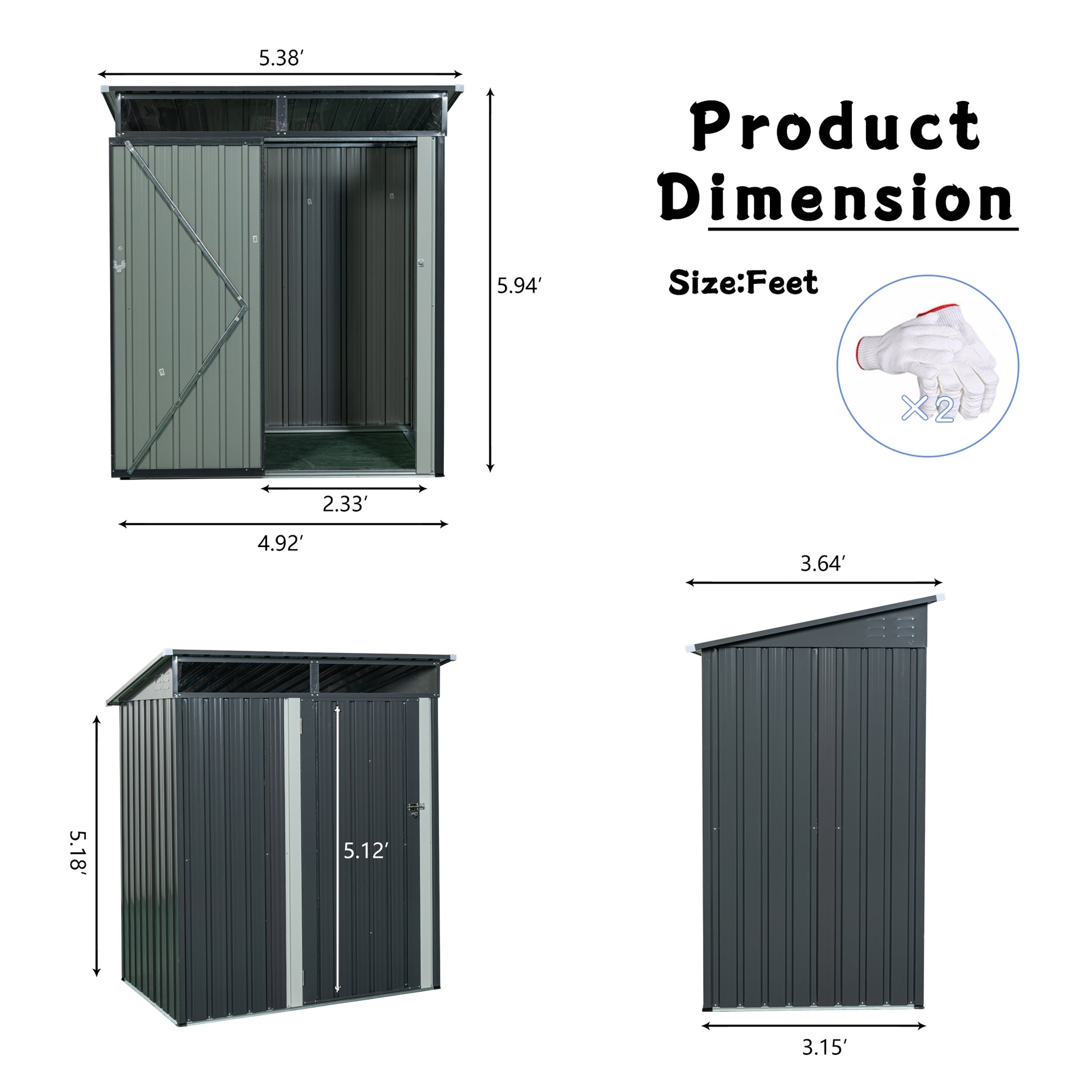 Tc53G 5Ft X 3Ft Outdoor Metal Storage Shed Transparent Plate Gray Gray Iron Plastic