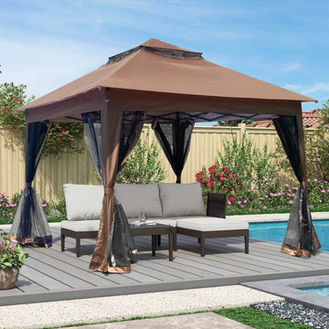 Outdoor 11X 11Ft Pop Up Gazebo Canopy With Removable Zipper Netting,2 Tier Soft Top Event Tent,Suitable For Patio Backyard Garden Camping Area With 4 Sandbags,Brown Brown Metal