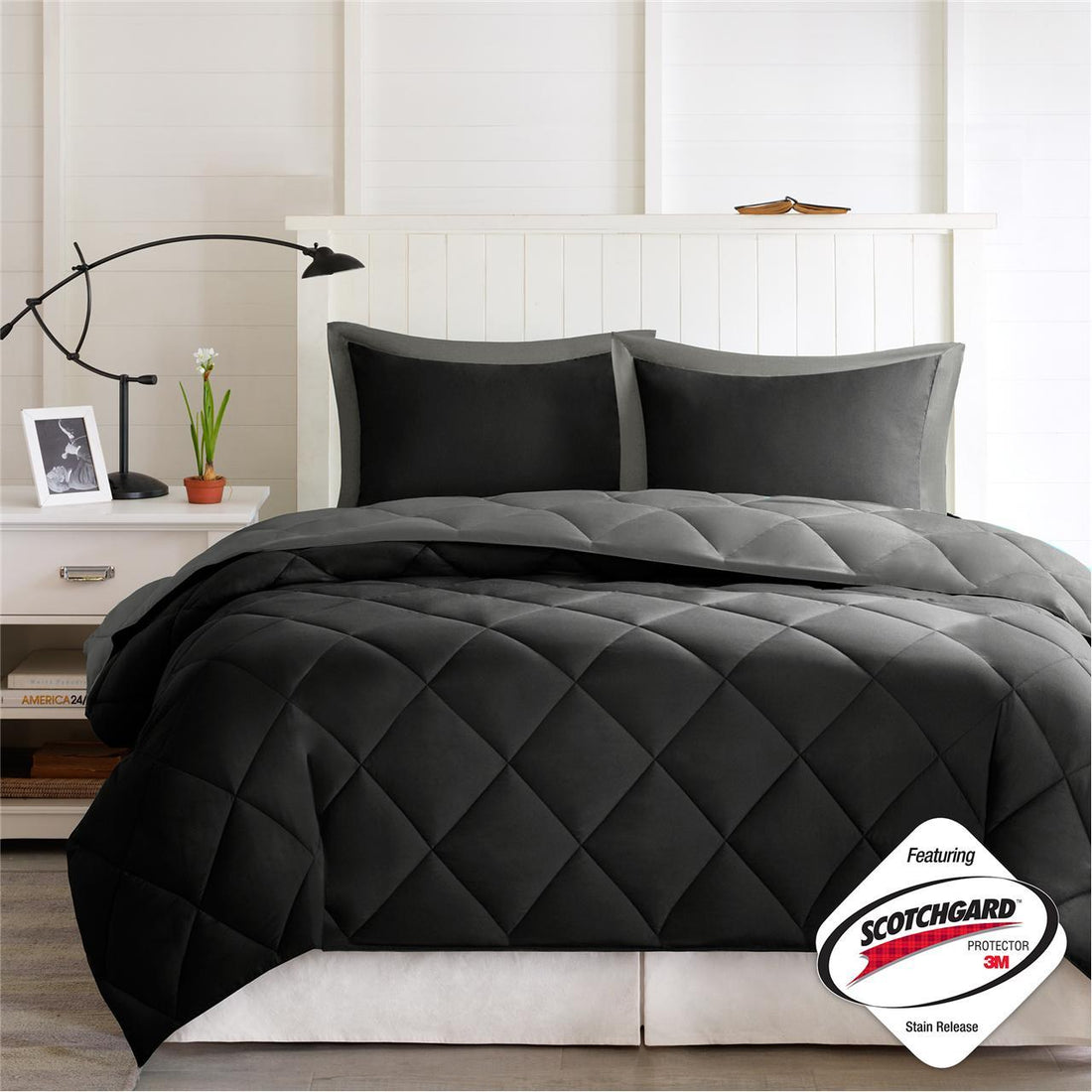 3M Scotchgard Diamond Quilting Reversible Down Alternative Comforter Set Black Grey Polyester