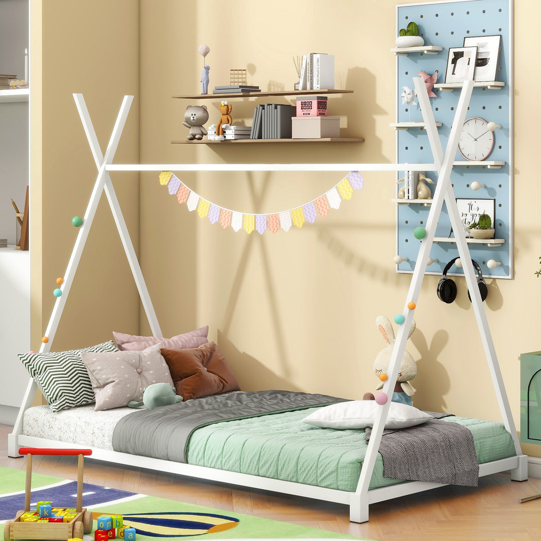 Metal Twin Size House Platform Bed With Triangle Structure, White Box Spring Not Required Twin White Metal Bedroom Bed Frame Metal