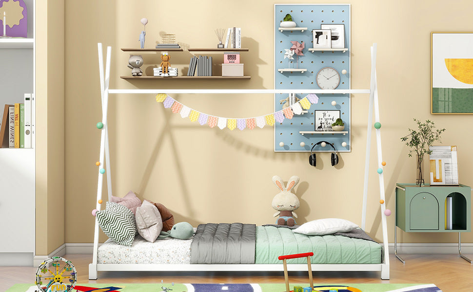 Metal Twin Size House Platform Bed With Triangle Structure, White Box Spring Not Required Twin White Metal Bedroom Bed Frame Metal