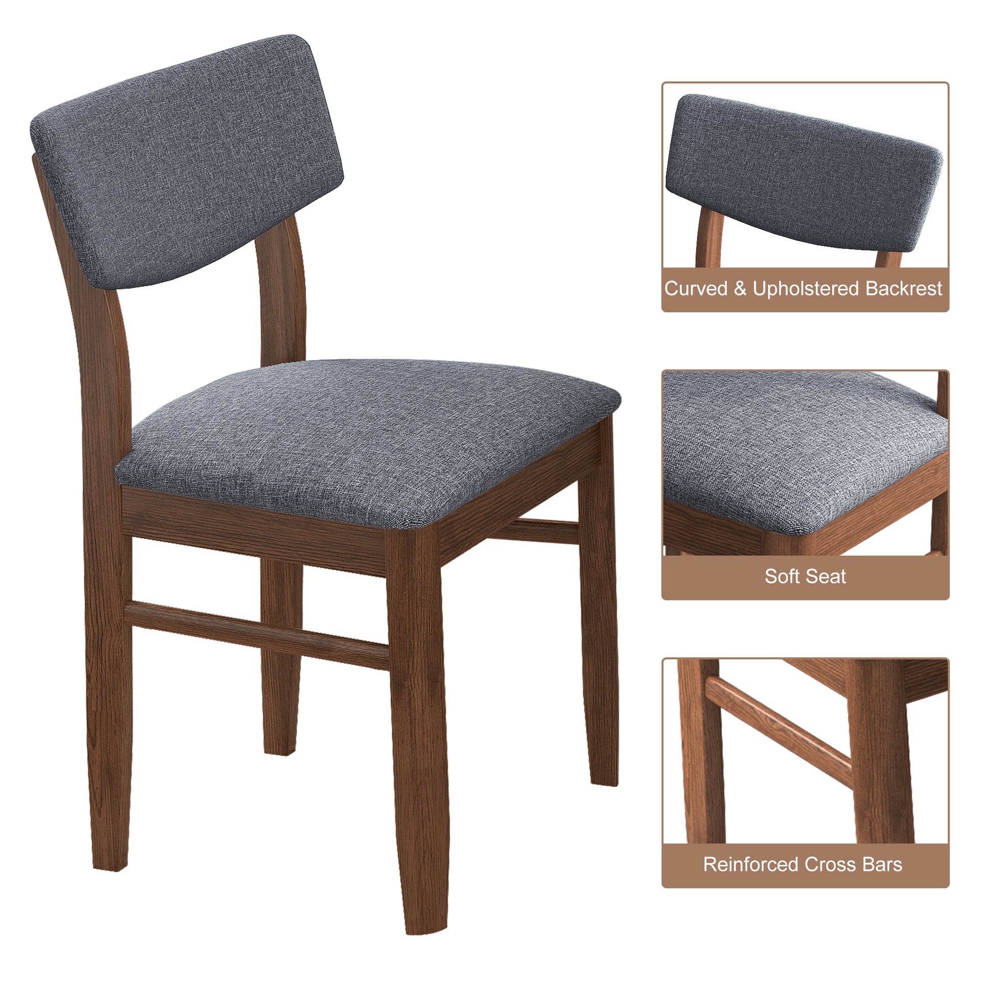 2 Pcs Dining Chairs Fabric Cushion Retro Upholstered Chairs Solid Rubber Wood For Kitchen Dining Room Small Space Grey Walnut Color Walnut Rubber Wood