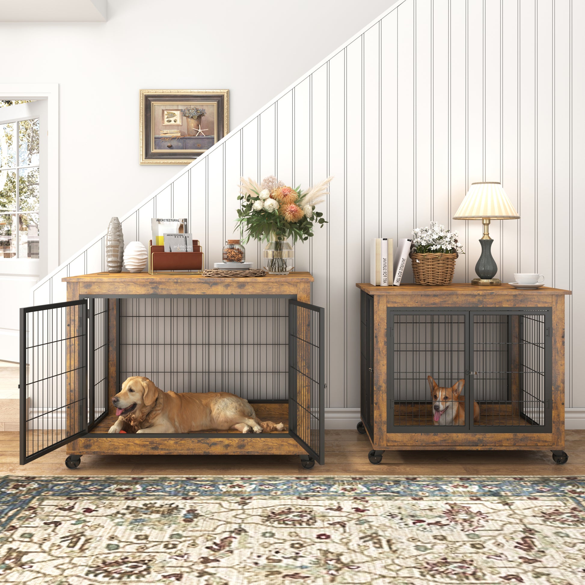 Furniture Dog Cage Crate With Double Doors, Rustic Brown, 38.58'' W X 25.2'' D X 27.17'' H Rustic Brown Particle Board