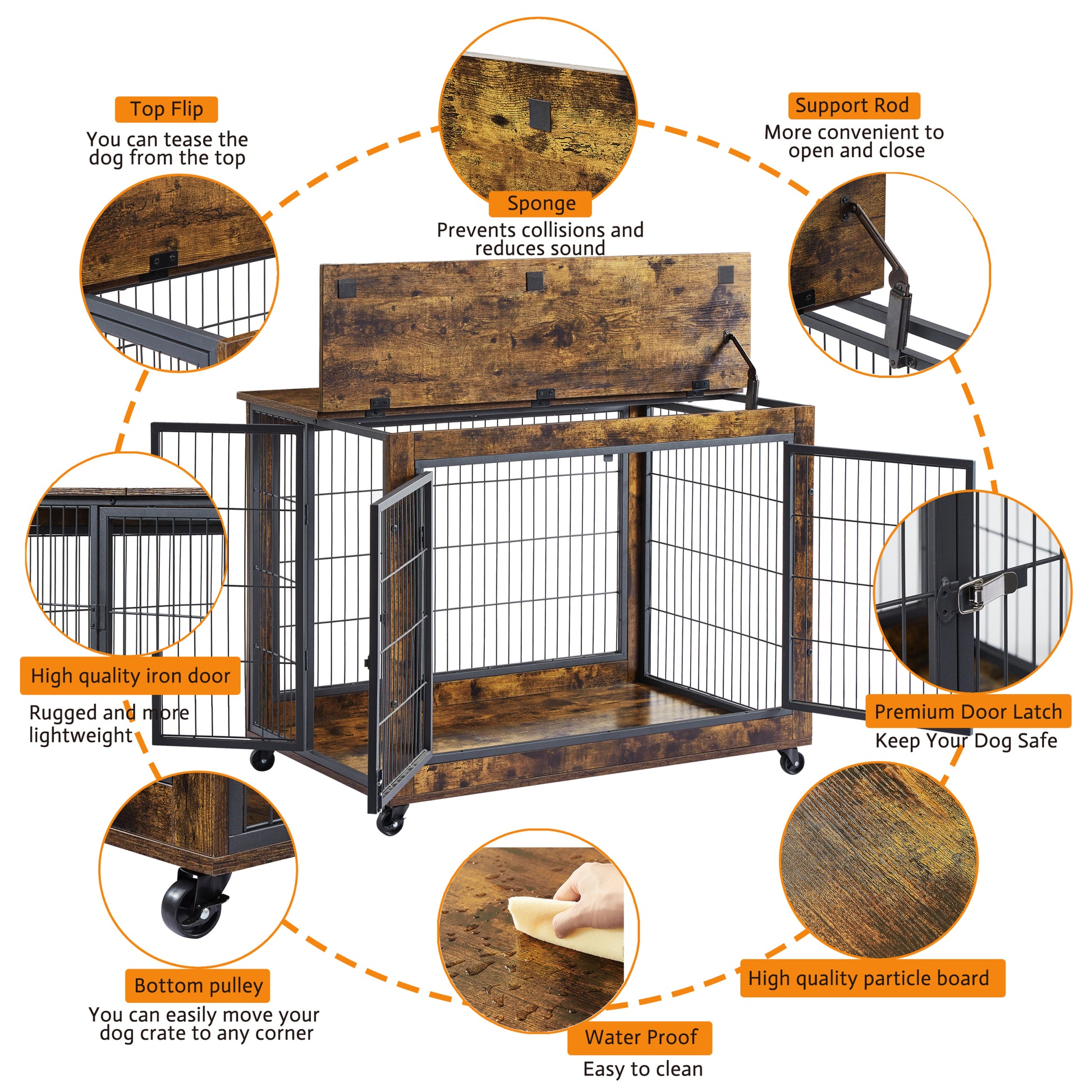 Furniture Dog Cage Crate With Double Doors, Rustic Brown, 38.58'' W X 25.2'' D X 27.17'' H Rustic Brown Particle Board