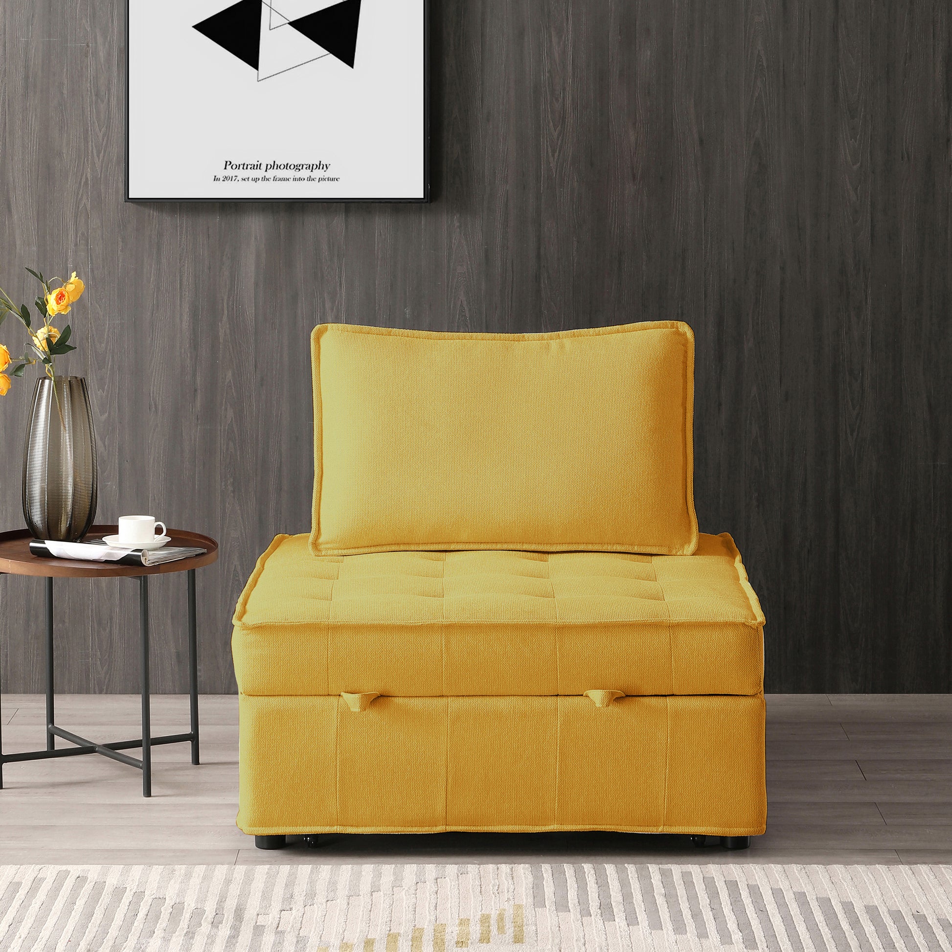 Multipurpose Linen Fabric Ottoman Lazy Sofa Pulling Out Sofa Bed Yellow Yellow Foam Fabric