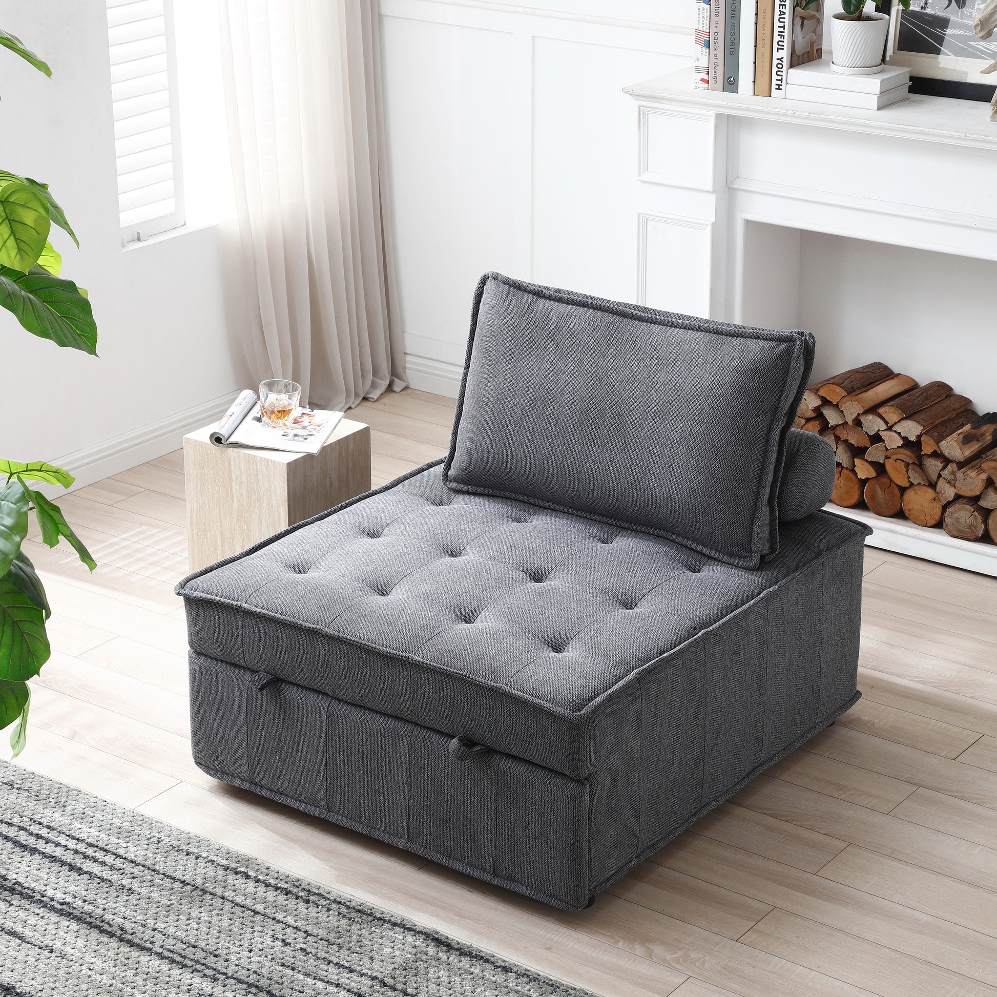 Multipurpose Linen Fabric Ottoman Lazy Sofa Pulling Out Sofa Bed Dark Grey Dark Grey Foam Fabric