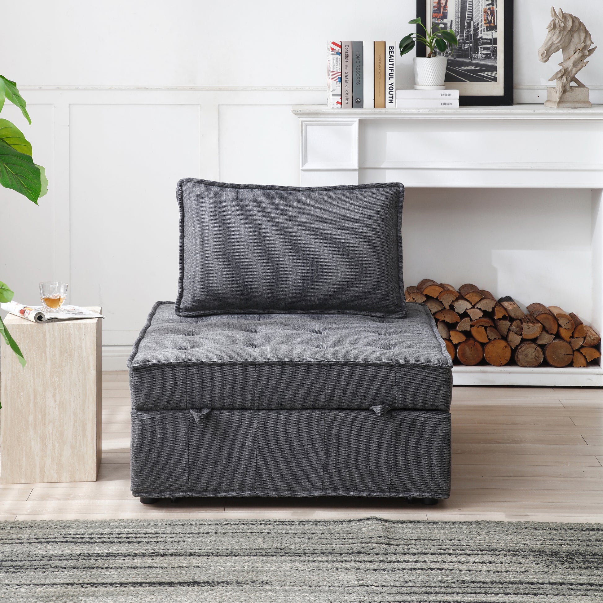 Multipurpose Linen Fabric Ottoman Lazy Sofa Pulling Out Sofa Bed Dark Grey Dark Grey Foam Fabric