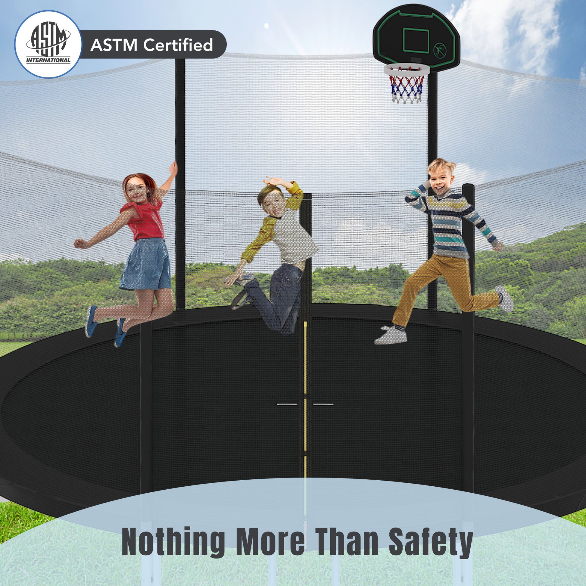 14Ft Trampoline For Kids With Safety Enclosure Net, Basketball Hoop And Ladder, Easy Assembly Round Outdoor Recreational Trampoline Black Metal