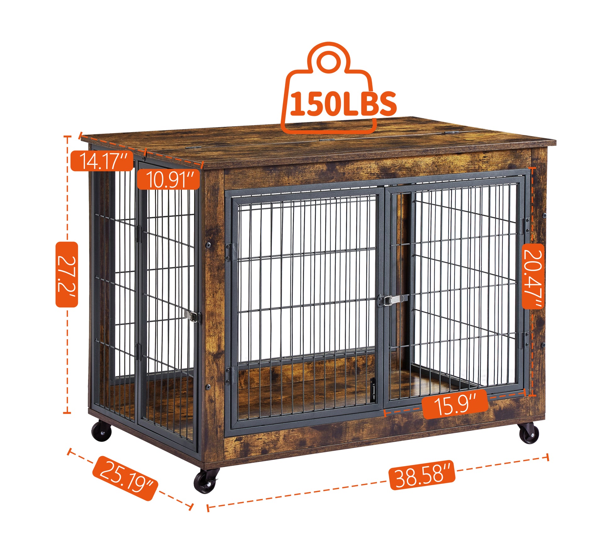 Furniture Dog Cage Crate With Double Doors, Rustic Brown, 38.58'' W X 25.2'' D X 27.17'' H Rustic Brown Particle Board