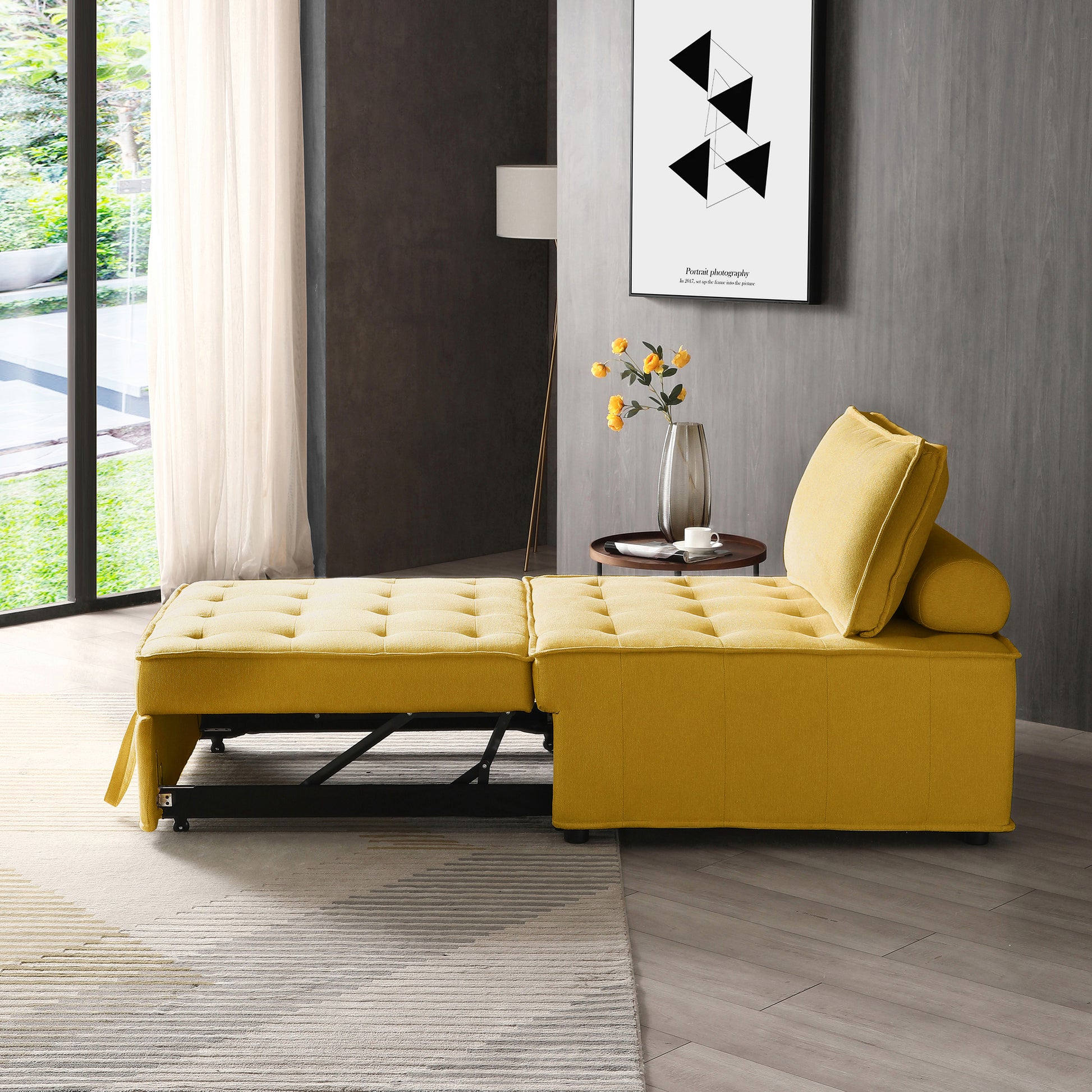 Multipurpose Linen Fabric Ottoman Lazy Sofa Pulling Out Sofa Bed Yellow Yellow Foam Fabric