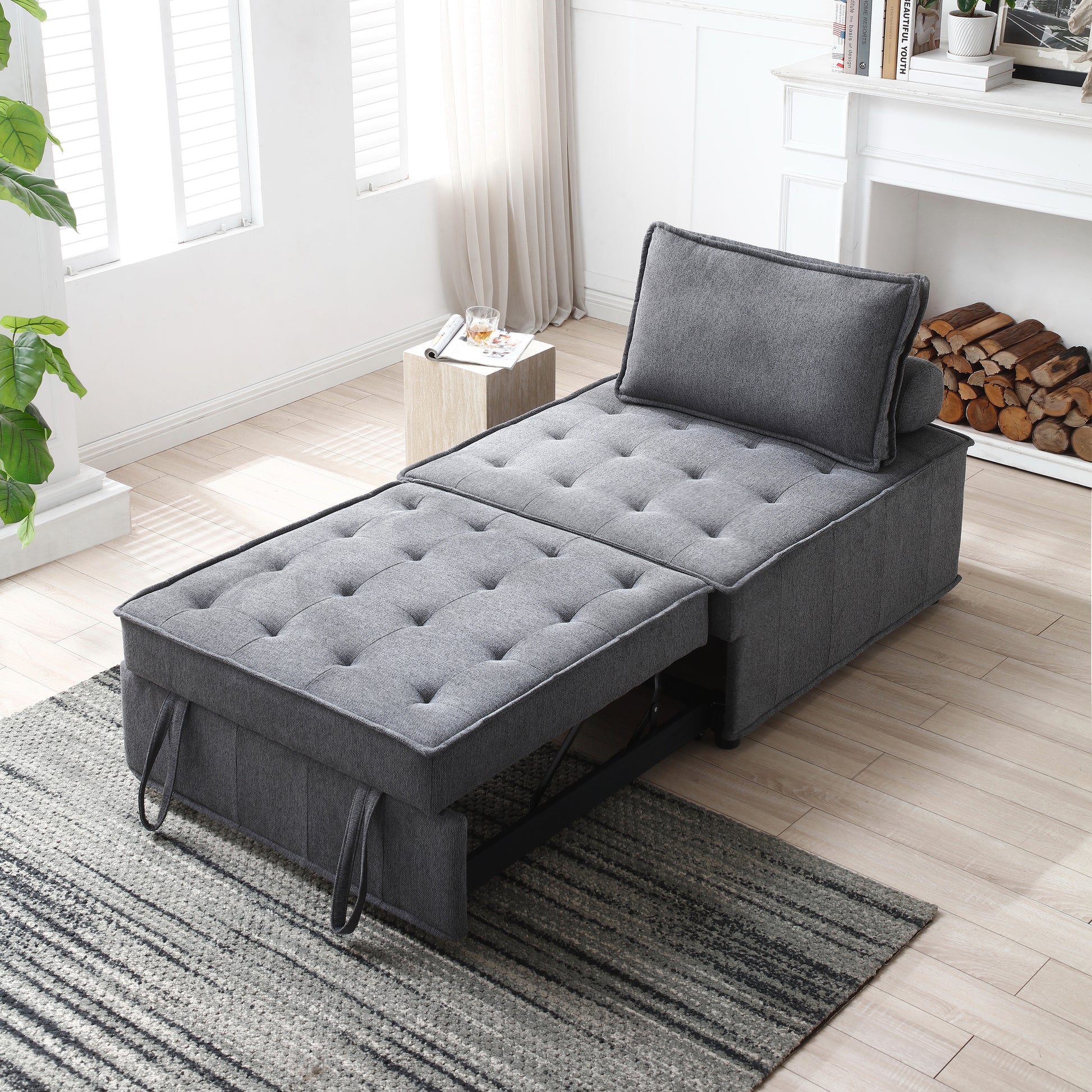 Multipurpose Linen Fabric Ottoman Lazy Sofa Pulling Out Sofa Bed Dark Grey Dark Grey Foam Fabric