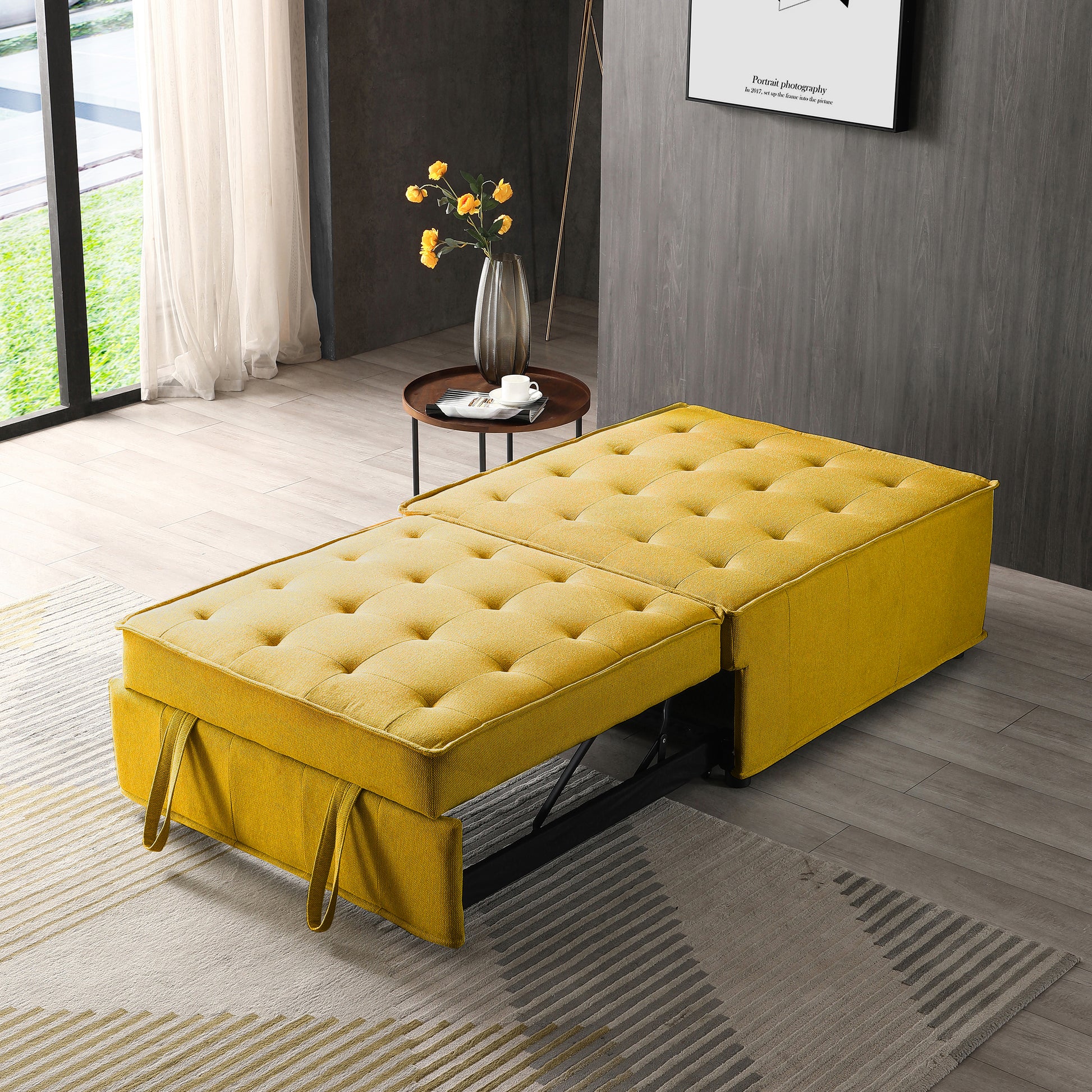 Multipurpose Linen Fabric Ottoman Lazy Sofa Pulling Out Sofa Bed Yellow Yellow Foam Fabric