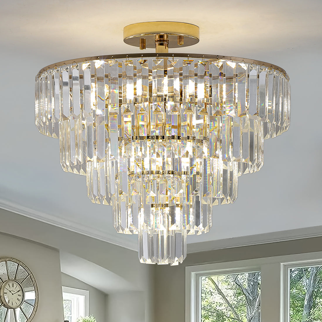 Same As W1340P189283 L005001 D500 C10G Gold Crystal Chandeliers,5 Tier Round Semi Flush Mount Chandelier Light Fixture,Large Contemporary Luxury Ceiling Lighting Gold Crystal Iron