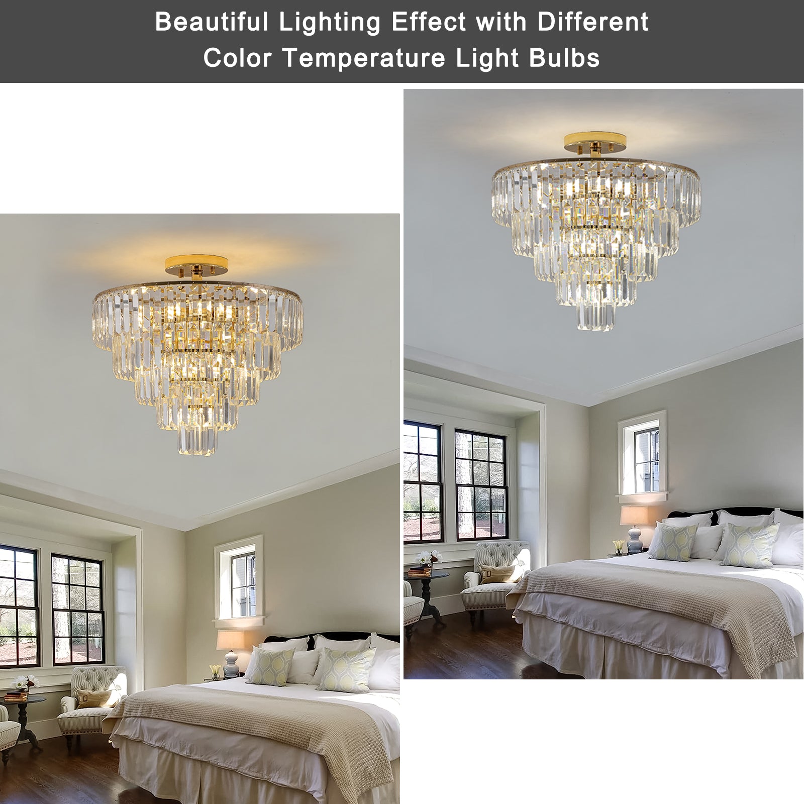 Same As W1340102252 L5001 Gold Crystal Chandeliers,5 Tier Round Semi Flush Mount Chandelier Light Fixture,Large Contemporary Luxury Ceiling Lighting For Living Room Dining Room Bedroom Hallway Gold Crystal Iron