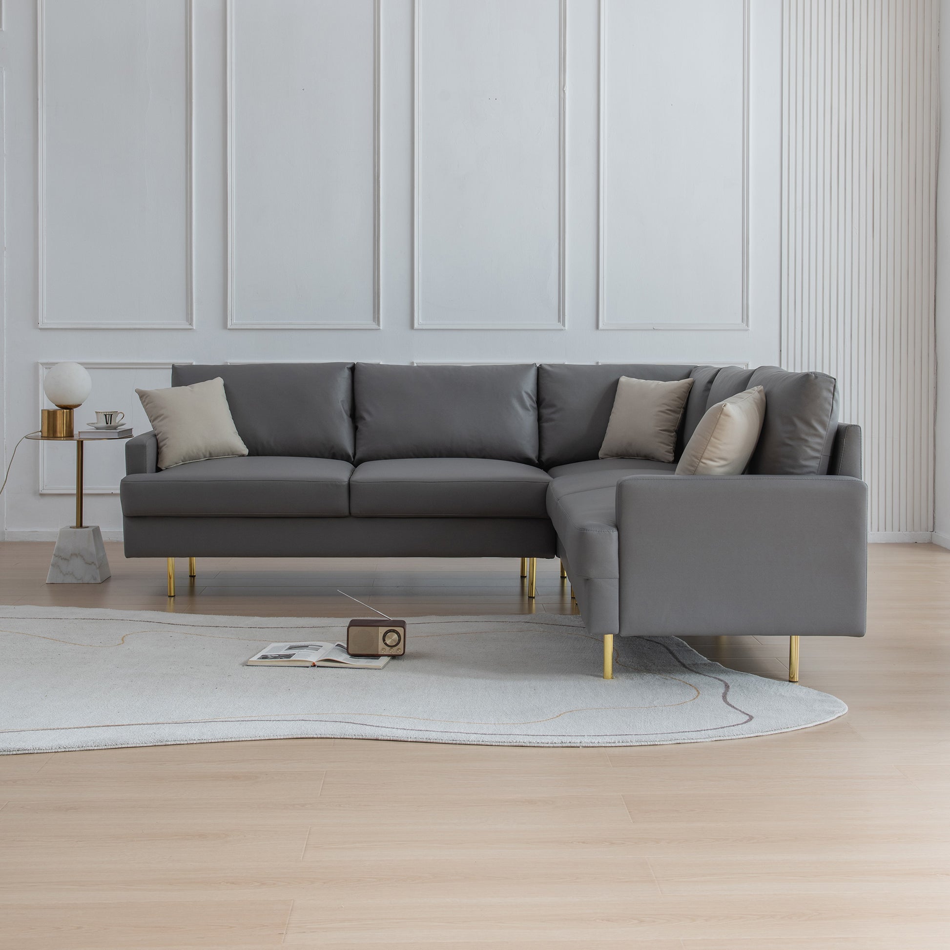 L Shaped Corner Sectional Technical Leather Sofa With Pillows,Dark Grey,89.8*89.8'' Dark Grey Foam 4 Seat