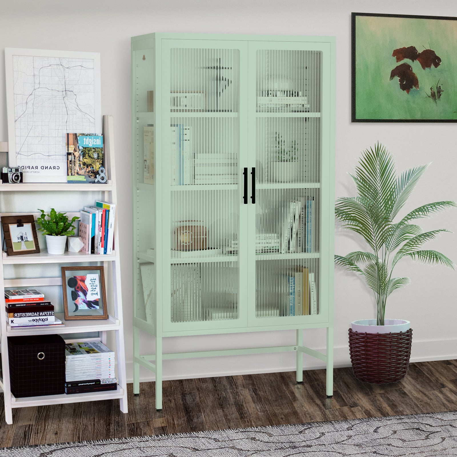 Double Glass Door Storage Cabinet With Adjustable Shelves And Feet Cold Rolled Steel Sideboard Furniture For Living Room Kitchen Mint Green Mint Green Tempered Glass